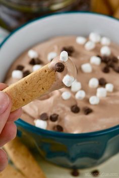 a hand holding a cracker over a bowl of chocolate dip with marshmallows