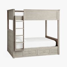 a bunk bed with drawers underneath it and a white sheet on the bottom half of the bed