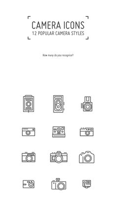 the camera icon set is shown in black and white, with different types of cameras