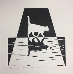 a black and white drawing of a cat walking on water