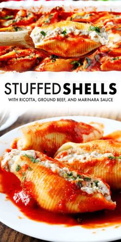 stuffed shells with ricotta, ground beef and marinara sauce on a white plate