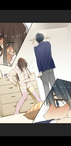 an anime scene with two people in the background and one person standing on top of a dresser