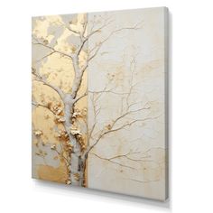 an abstract painting with gold and white leaves on the tree trunk, in front of a beige background