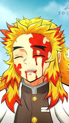 an anime character with long blonde hair and blood on his face is looking at the camera