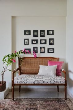 a living room filled with furniture and pictures on the wall next to potted plants