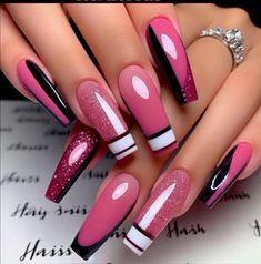 One Nail Design Ideas, Pink Nail With Glitter, Dollar Tree Nails, Dollar Nails, Ballerina Acrylic Nails, Makeup Nails Designs, Dollar Tree Haul, Sassy Nails, Nails Cute