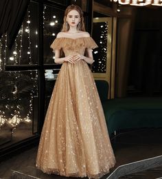 Gold Evening Dress, Prom Dress Gold, Off Shoulder Tulle, Tulle Long Prom Dress, Gold Evening Dresses, Lace Formal Dress, Formal Dresses Short, Stunning Gowns, Dress Gold