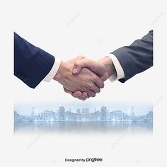 two men shaking hands in front of a cityscape