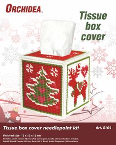 a tissue box cover with a christmas tree on it and the words, tisue box cover needlepoint kit