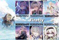 the anime character firefly is shown in many different poses and expressions, including their name