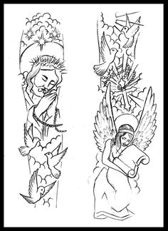 two drawings of angels with flowers and birds on their arms, one in black and white