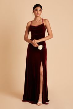 Ash is a crepe bridesmaid dress with a cowl neckline for a modern + minimal look. Available in Cabernet. A modern bridesmaid dress with a slinky cowl neck, plus a modest slit. | Cabernet Bridesmaid Dress Velvet Size 2X | Birdy Grey Ash Dark Red Velvet Dress, Bridesmaid Dress Velvet, Crepe Bridesmaid Dress, Winter Wedding Bridesmaids, Maroon Bridesmaid Dresses, Modern Bridesmaid Dresses, Winter Bridesmaids, Winter Bridesmaid Dresses, Modern Bridesmaid