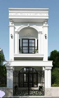 an architectural rendering of the front entrance to a house with wrought iron doors and windows