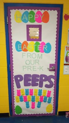 an easter door decoration with the words pees and happy easter from our prek