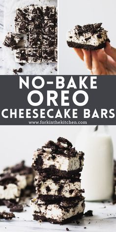 no - bake oreo cheesecake bars are stacked on top of each other