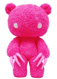 a pink teddy bear with white eyes and hands on it's chest, sitting in front of a white background