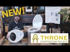 a man kneeling down in front of a toilet with the words throne composting toilets