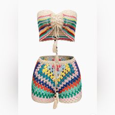 multicolored crocheted shorts with bow at the top and tie around the waist