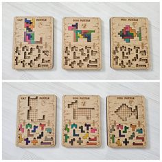 four wooden coasters with different types of game pieces on them, all in various shapes and sizes