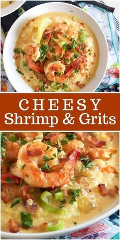 some shrimp and grits are shown in this collage with the words, chefy shrimp & grits