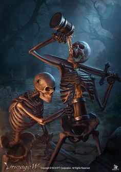 a skeleton with a telescope in it's hand and another skeleton holding something up to its head