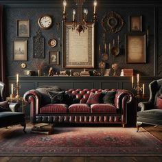 a living room filled with furniture next to a fire place covered in clocks and framed pictures