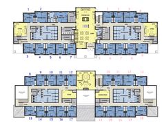 the floor plan for an apartment building with two floors and three levels, in blue and yellow