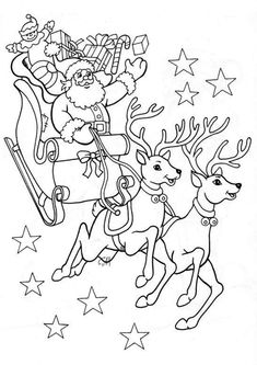 santa claus riding on his sleigh with reindeers in the sky coloring page