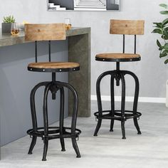 two wooden and metal barstools sit in front of a counter with a potted plant