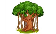 a cartoon tree with green leaves and smiling face in the forest, isolated on white background