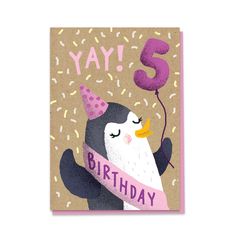 a birthday card with a penguin wearing a party hat and holding a number five balloon