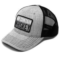 "May Contain Whiskey" Trucker Hat - A Funny Accessory or Perfect Gift for Whiskey Lovers, Bourbon Trail Enthusiasts, and Adventurers The "May Contain Whiskey" Trucker Hat is a playful nod to whiskey enthusiasts--but it's more than just a joke; it's a statement piece for bourbon lovers, hunters, and anyone who appreciates quality and style. Whether you're hitting the Bourbon Trail or enjoying a casual day out, this hat is designed with custom specifications to be lightweight, durable, and perfect Gray Trucker Hat One Size, Adjustable Curved Brim Baseball Cap For Outdoor Events, Adjustable Snapback Hat For Country Events, Adjustable Gray Trucker Hat, Black Baseball Cap For Country Events, Adjustable Trucker Hat With Short Brim, Whiskey Lover Gifts, Contrasting Stitching, Funny Accessories