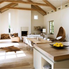 a living room filled with furniture and a fire place in the middle of a room