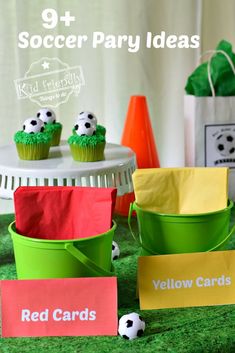 soccer party ideas for kids with cupcakes and yellow cards on green grass in front of the table