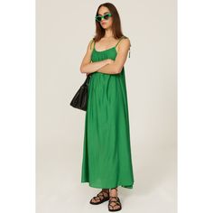 Green viscose (82% EcoVero Viscose Shell, 18% Nylon). Lining (100 % Ecovero Viscose). Shift. V-neck. Sleeveless. Tie closure. 47" from shoulder to hemline. Imported. Casual Unlined Maxi Dress For Daywear, Casual Daywear Maxi Dress, Summer Daywear Unlined Maxi Dress, Spring Rayon Sundress With Spaghetti Straps, Rayon Sundress With Spaghetti Straps For Spring, Chic Green Maxi Dress With Adjustable Straps, Elegant Maxi Dress For Daytime Summer, Spring Green Midi Dress With Adjustable Straps, Green Midi Dress With Adjustable Straps For Spring