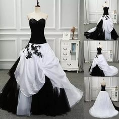 black and white wedding gowns are displayed on mannequins