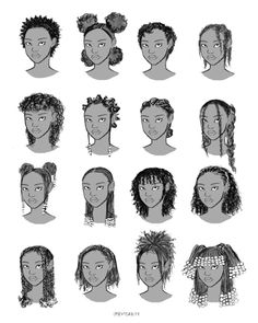 an image of different types of women's hair in black and white ink on paper