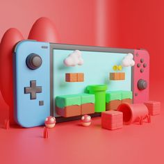 a nintendo wii game controller next to an egg and some other toys on a red surface