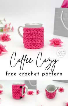 crochet coffee mug cozy pattern with text overlay