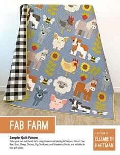 a quilt pattern with farm animals on it and the words fab farm written below