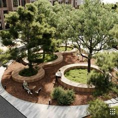 an aerial view of a park with benches and trees