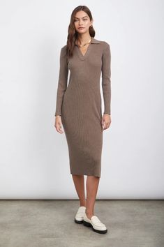 Rails has entered their cool girl era. A fitted ribbed dress gets refined with long sleeves and a polo style neckline. Brown Ribbed V-neck Dress, Chic Ribbed Long Sleeve Midi Dress, Chic Long Sleeve Ribbed Midi Dress, Brown V-neck Ribbed Dress, Chic Ribbed Fall Dresses, Chic Fitted Collared Maxi Dress, Ribbed Long Sleeve Dress For Date Night, Elegant Spring Collared Polo Dress, Long Sleeve Ribbed Dress For Date Night