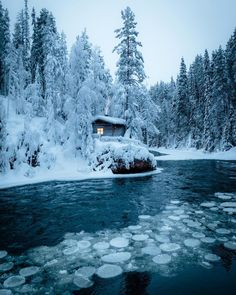 a cabin on the shore of a lake surrounded by snow covered trees and ice flakes