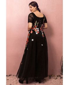 Buy Custom Black Tulle Formal Dress Vneck with Colorful Flowers Embroidery High Quality at wholesale price online. Free shipping and pro custom service since 2009. Multicolor V-neck Embroidered Dress With Floral Details, Multicolor V-neck Dress With Floral Embroidery, Black V-neck Dress With Floral Embroidery, Tulle Formal Dress, Flowers Embroidery, Evening Dresses Plus Size, Black Tulle, Wedding Boutique, Lace Back