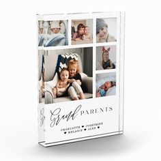 a white book with pictures of babies and their parents on it's front cover