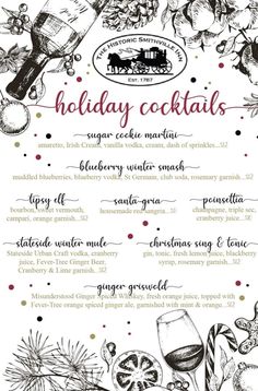 the holiday cocktail menu is shown in black and white, with christmas decorations on it