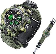 Mens Tactical Military Digital Watch, 23-in-1 Survival Multi-Functional Army Outdoors Waterproof Camouflage Sports Watches Dual Display Analog LED Electronic Wristwatches with Compass Paracord Band Sport Watches, Paracord, Compass, Camouflage