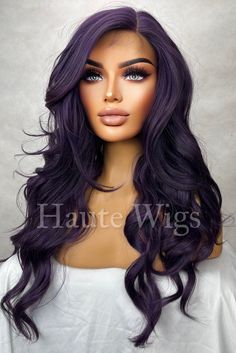 Distinctive Dark Purple Deep Violet Wig Long Wavy T Parting HD Lace Front Human Hair Blends Wig Gift for Her Ladies Womens Wigs - Etsy Dark Dusty Purple Hair, Peekaboo Purple Hair Dark Brown, Hair Color Ideas For Brunettes Purple, Plum Hair With Highlights, Dark Lilac Hair, Dark Plum Hair Color, Deep Violet Hair, Violet Wig, Dark Plum Hair