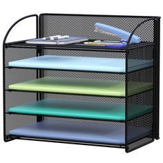 an office desk organizer with five shelves and four file folders in black mesh, on a white background