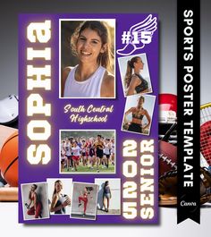 a sports poster with photos of women's and men's athletic equipment on it